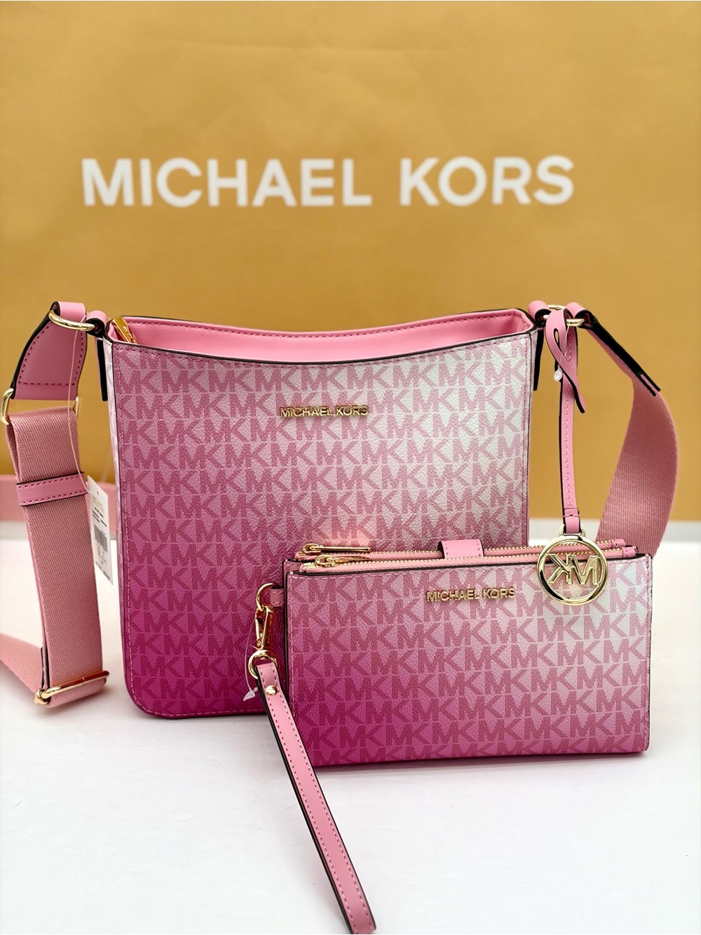 Michael Kors Ombre Pink MK Signature Crossbody with Wristlet Wallet Set - Picture 14 of 16